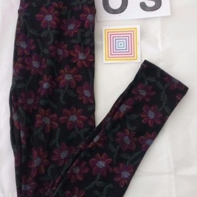 LuLaRoe Leggings OS Needlepoint Flowers Floral Purple Green Gold on Black NWT